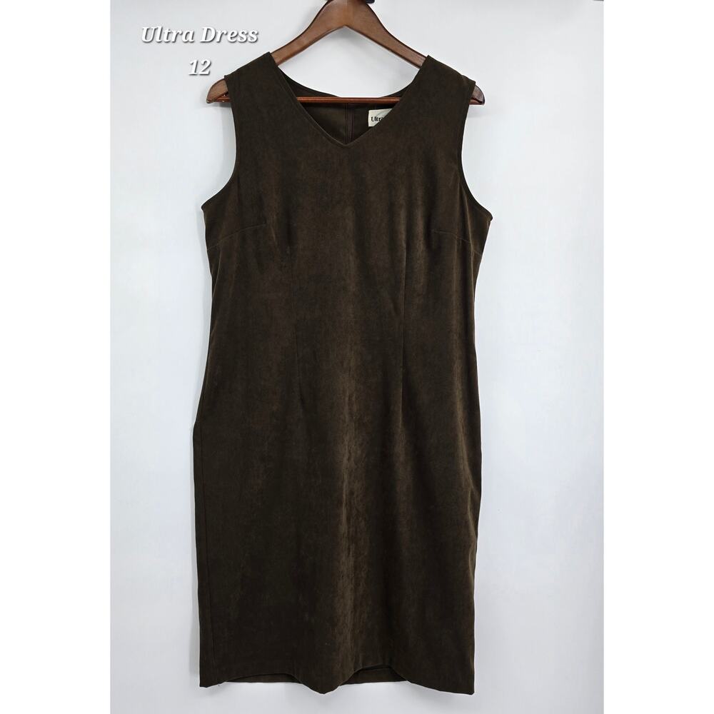 Vintage Ultra Dress‎ New York Faux Suede Sheath Dress Brown Shift 12 Minimalist